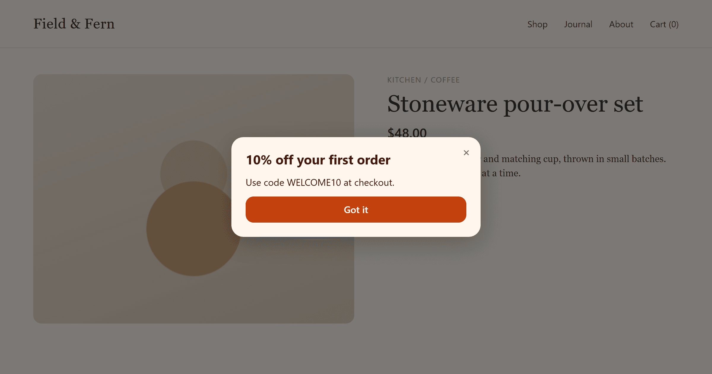 Pupop's discount code popup, offering 10% off a first order, over a shop's product page