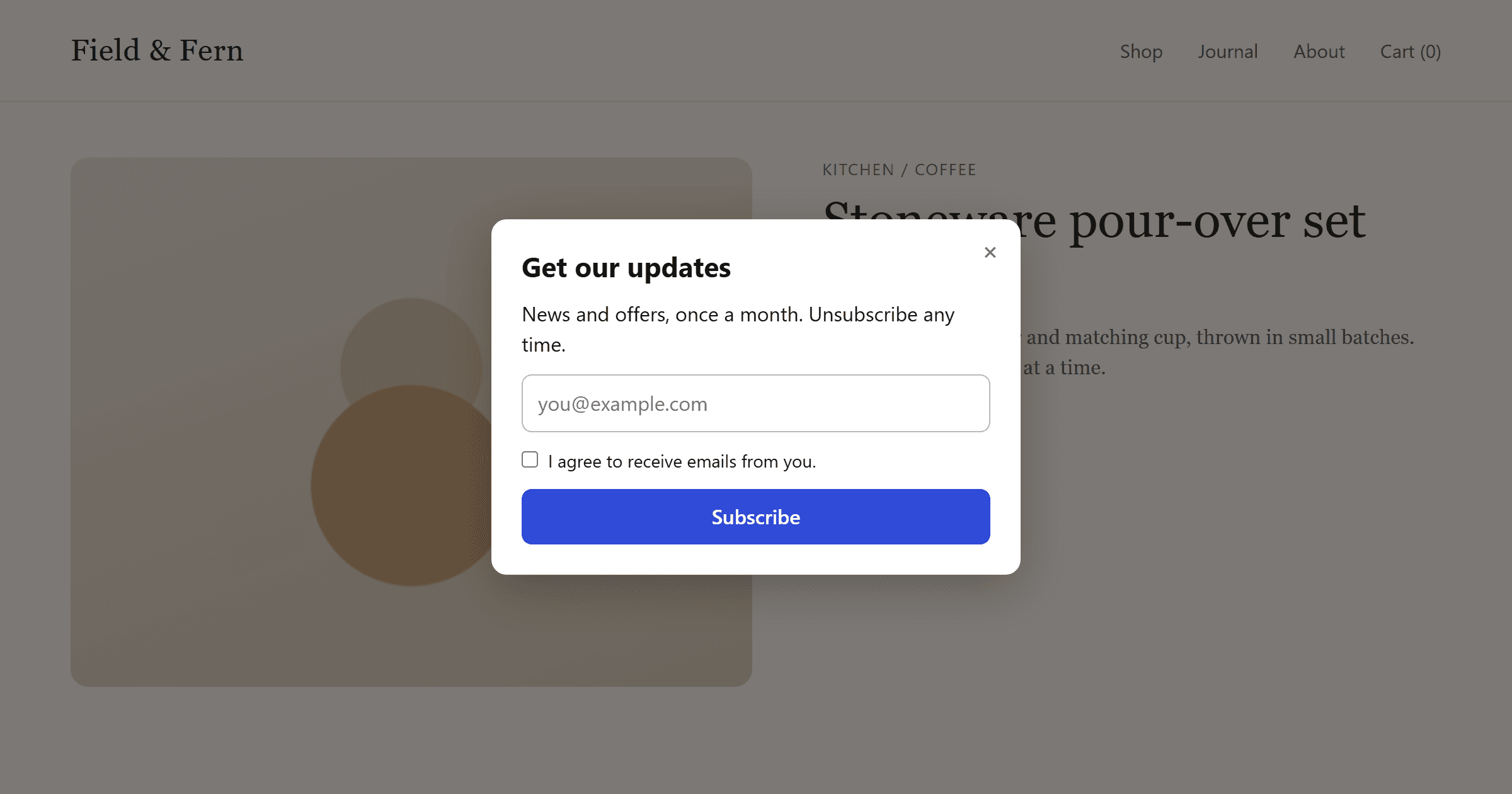 Pupop's email capture popup, with an email field and a consent checkbox, over a shop's product page