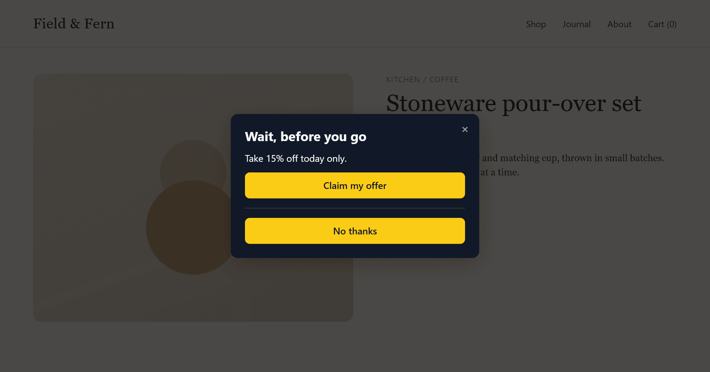 An exit-intent popup reading "Wait, before you go: take 15% off today only" over a shop's product page